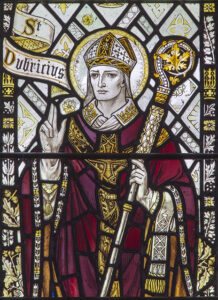 Sant Dyfrig, St Dubricius, figure in stained glass